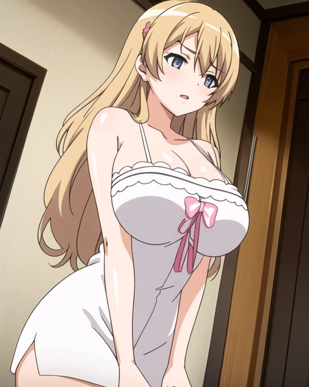 solo , masterpiece , high quality, mature female, mature, adult, Erina_Prodigy, wide hips , busty , big breasts , milf , 1girl, long hair, solo, breasts, purple eyes, looking at viewer, cleavage, showing off body , showing body in sexy manner , smile, blonde hair, collarbone , bangs, large breasts, closed mouth, hair between eyes, black bikini , very long hair, bedroom , looking at viewer ,