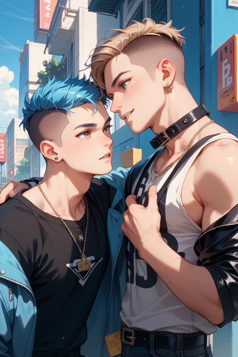 2 Japanese 15-year-old boys, "Against the backdrop of the neon lights of the Golden Age, futuristic, this tip has a surrealistic style and a dreamy atmosphere. The scene depicts a young man with silver hair, short wavy lilac hair, fair skin, brown skin, deep eyes and a high nose taking a shower. Close-up above waist, boys stroking each other,