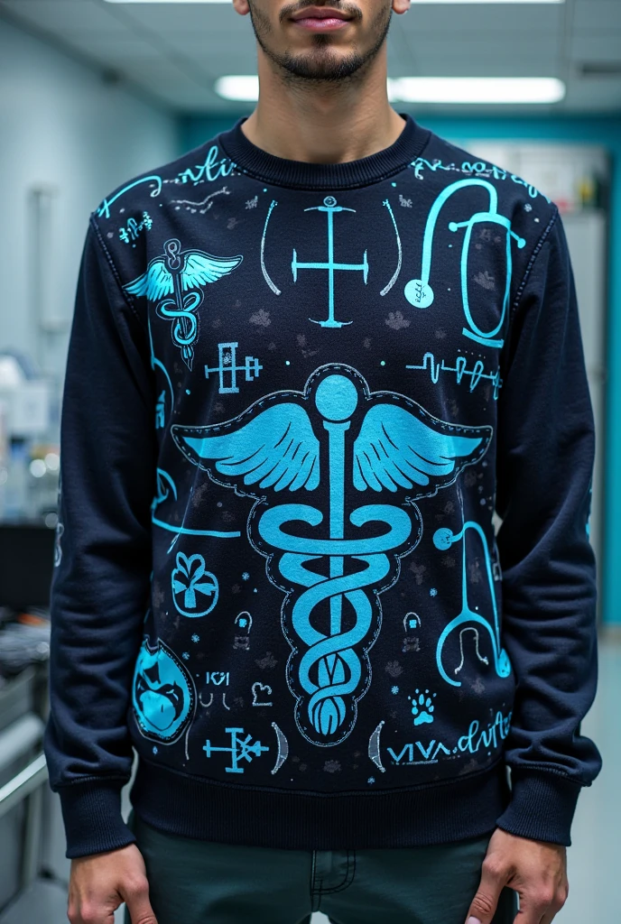 Personalized chemistry-related sweatshirt, that the sweatshirt has a navy blue hood and has decoration of the human body 