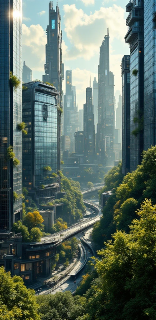 Technological city, floresta, contraste, futuristic buildings, metal and glass structures, tall trees, lush foliage, filtered sunlight, soft glow, Bold architecture, panoramic view, photorealistic, 8K, HDR, vivid colors, Dramatic lighting clothing, impressive, cinematic, matte painting