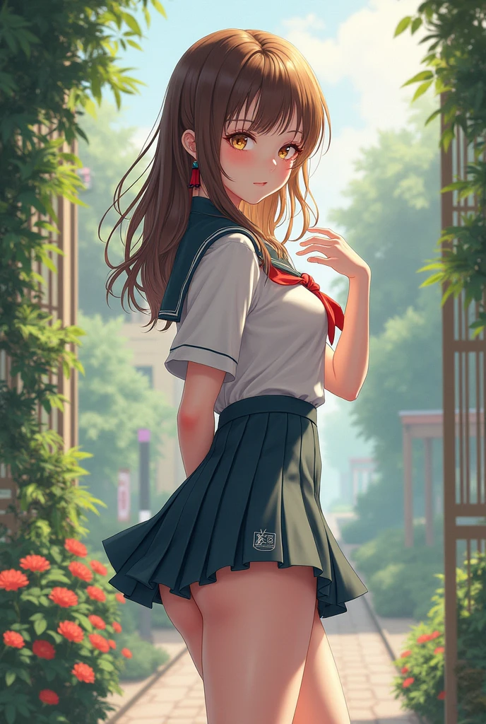 NSFW, 8k RAW photo, Best Quality, masutepiece, 超A high resolution, Film grain, filmg, 1girl in, Looking at Viewer, Natural Skin Texture, realistic eyes and face details, Full lips, lip stick, (makeup), Red eyeshadow, Fluffy short hair, ssex, Smile, 校服, Beautiful legs, a baby face, skinny, slim_Legs, Solo, schools, cleavage,  Pose, Ultra short skirt, Ass, Shirt, classroom location, (Detailed background), plaid skirts, White wet shirt, No bra, huge-breasted, cleavage, Show a little cleavage through the shirt, lowfers, Blurry background, Blurry, Holding, Plaid, Short sleeves, JK ribbon on neck, JK Ribbon, Brown hair, Bracelet, Water, Bangs, School uniform, Jewelry, Parted lips, Lips, From Side, Pleated skirt, up skirt, depth of fields