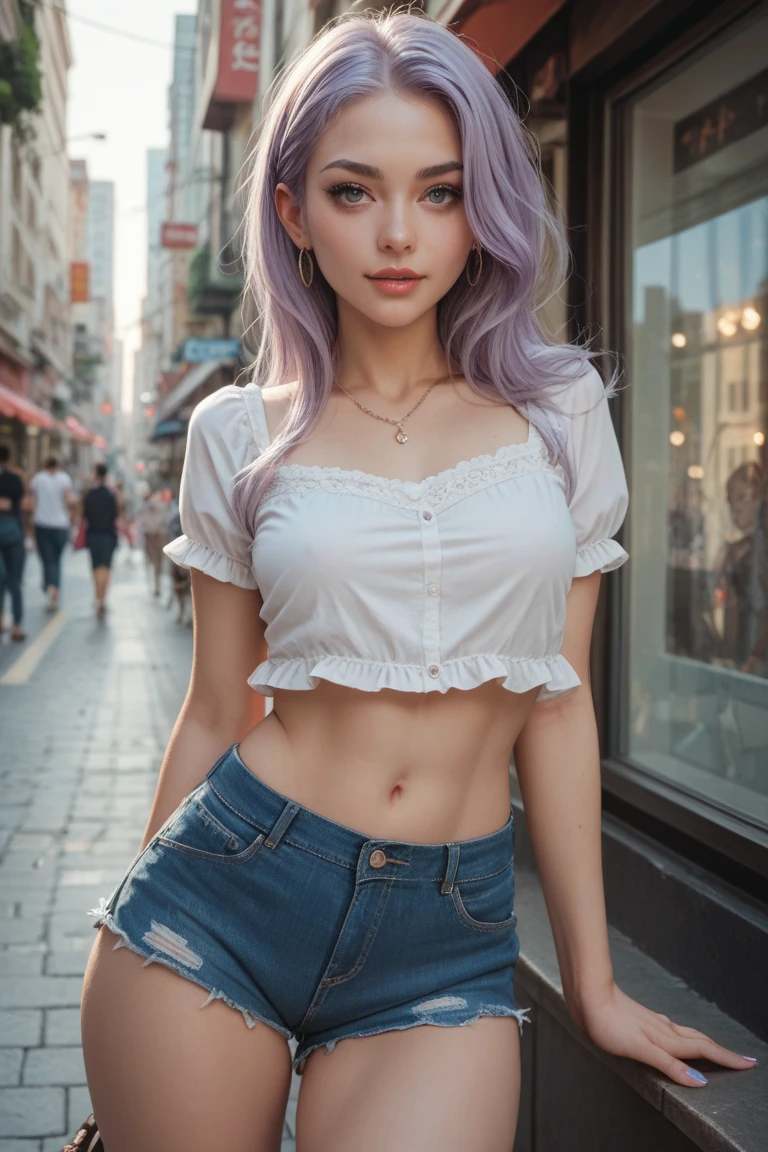full figure picture, 25 year old girl, ultra realistic, Kodak look, 165cm tall, wearing short denim shorts, wearing cute white top, on empty street, evening, high cheek bones, big dark blue eyes, shoulder long hair, lilac pastel colored hair, freckles on face, slim waist, tiny frame, safe for work