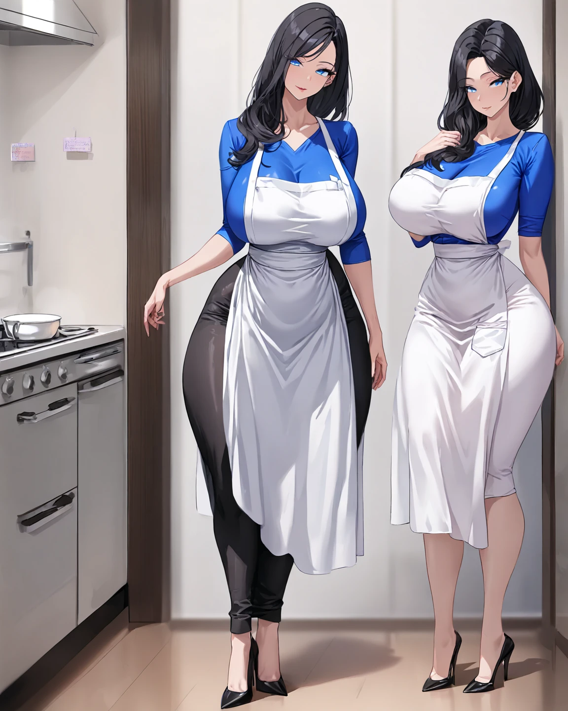 Noguchi misuzu from digimon, yellow eyes, anime mother,  wearing a dark blue bluese with square cleaveage, tight black long skirt, mature beautiful, large breasts, , very low waist line, front view, deep upper body, pregnan flat belly. Lifted blouse, nude chest, motherly body, in the house backyard, wide beautful hips.