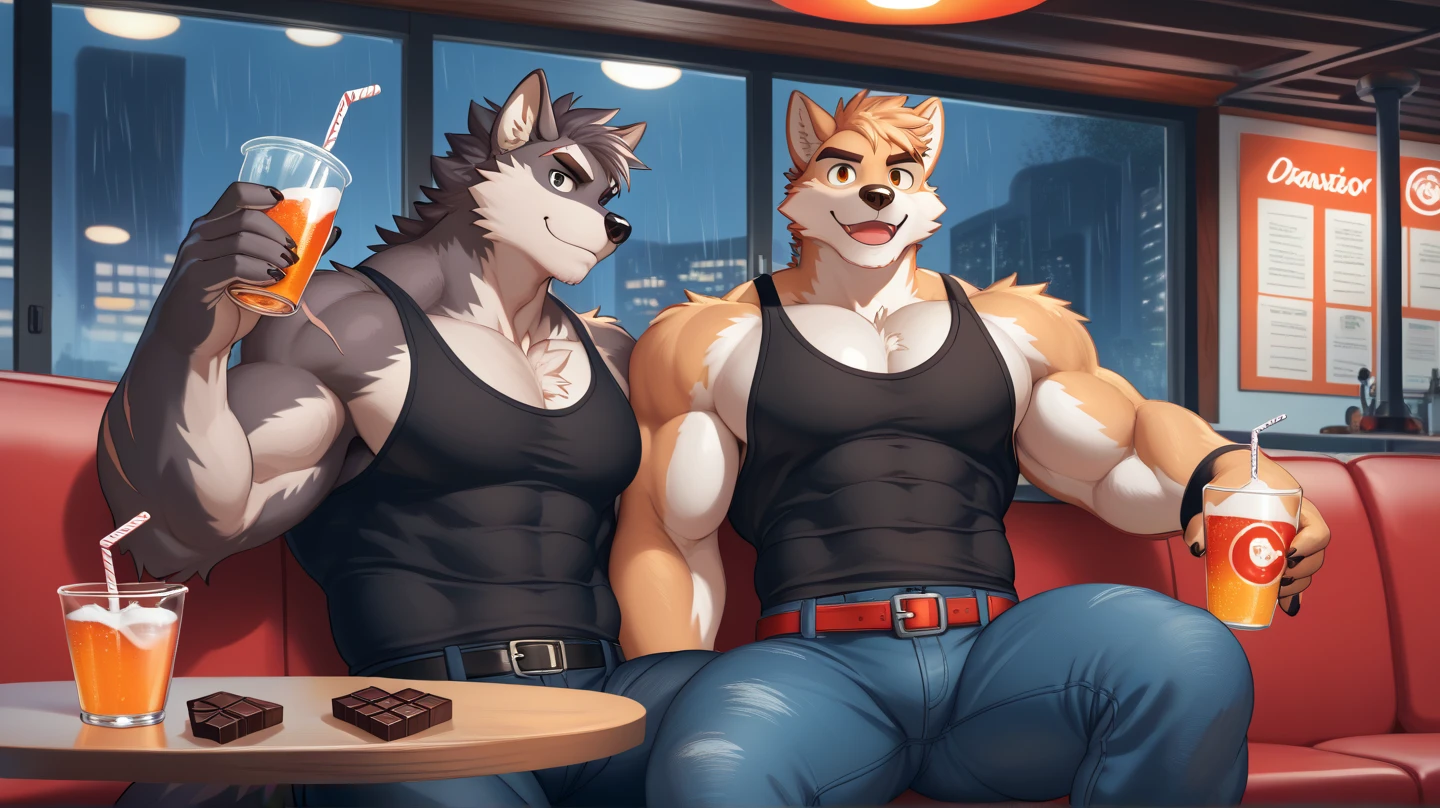 4k, high resolution, best quality, perfect colors, perfect shadows, perfect lighting, posted on e621, (by Chunie), male, furry, two Wolf anthro, Duo, Slim body, eyes, (Realistic eye details 1.2), in the TV room, sitting on the sofa, watching TV, eating snacks, with friends, wearing shirt and shorts, abs, dramatic lighting, soft lighting, day, highly detail, Hair coiled, glare, delight, Abstract beauty, centre, nearing perfection, Dynamic, highly detailed, Liso, sharp focus, 8K, A high resolution, illustration, (duo_focus)