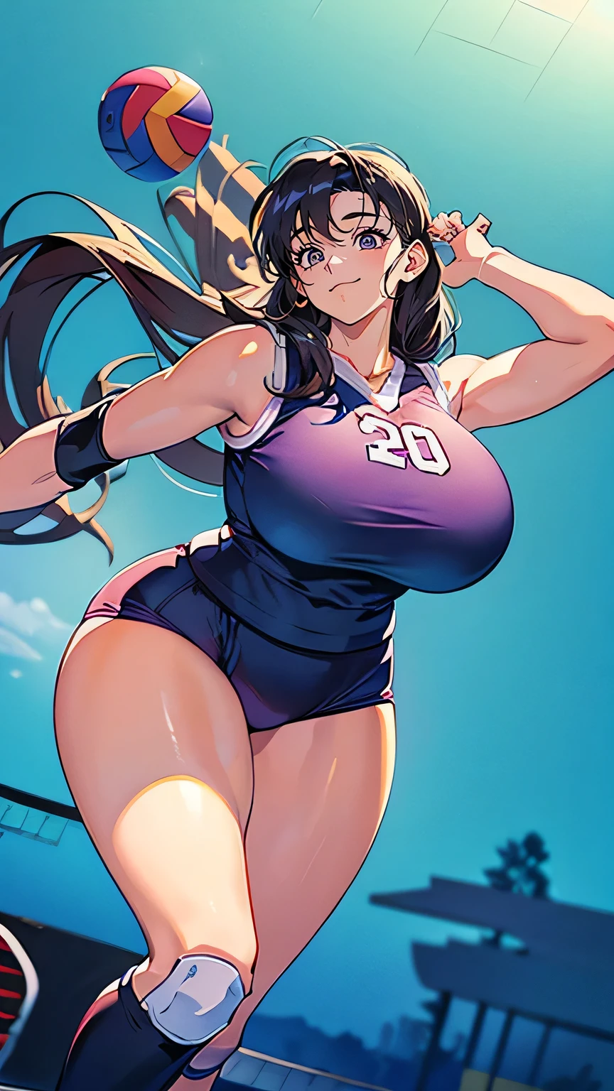 maternal smile, blushing, Pompones, uniform, crop top, midriff skirt, miniskirt, crop top overhang, clothes lift, large, sweat, thick thighs, (huge chest 1.5), cheerleader uniform, wet clothes, semi-transparent clothing, erect nipple under clothes, high ponytail, visible underwear, micro thong, (high thong), (standing on one leg), masterpiece, best quality,  Very detailed