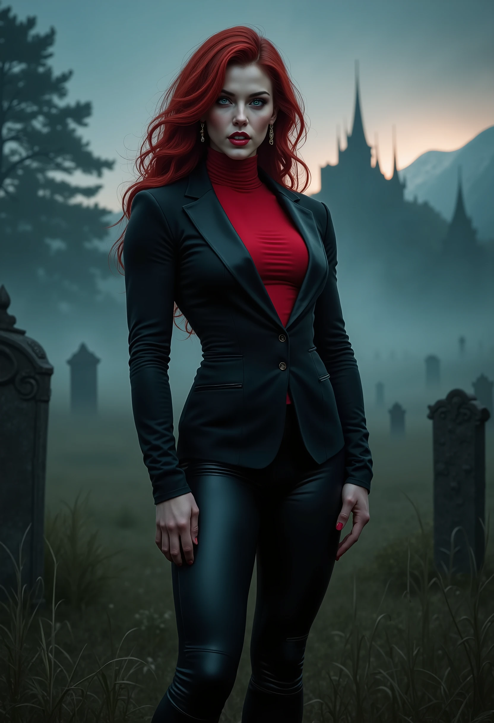 full body beautiful sensual sexy cool girl slightly open ((huge vampire fangs)) muscular body red wavy long hair emerald green eyes, white skin, red lips, round face full red lips high arched eyebrows thin waist long shapely legs full breasts broad shoulders black leather riding breeches black leather riding boots black leather riding blazer red high neck silk turtleneck standing in tall grass in a cemetery at night fog twilight in the distance silhouette of a castle on a mountaintop