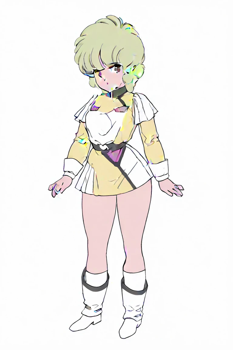 ((masterpiece)),(((best quality))),((character design sheet,same character,front,side,back)),illustration,1 girl,sexy pose standing,(((gold color leggins))),midriff,white top strapless,pixie cut short hair,white hair,yellow eyes,white skin,smile:1.2,,environment Scene change, pose too, pink color palette, neon colors, , holds a crosier, charturnbetalora, 8k,16k, (simple background, white background: 1.3),camel toe,big breast:1.4,