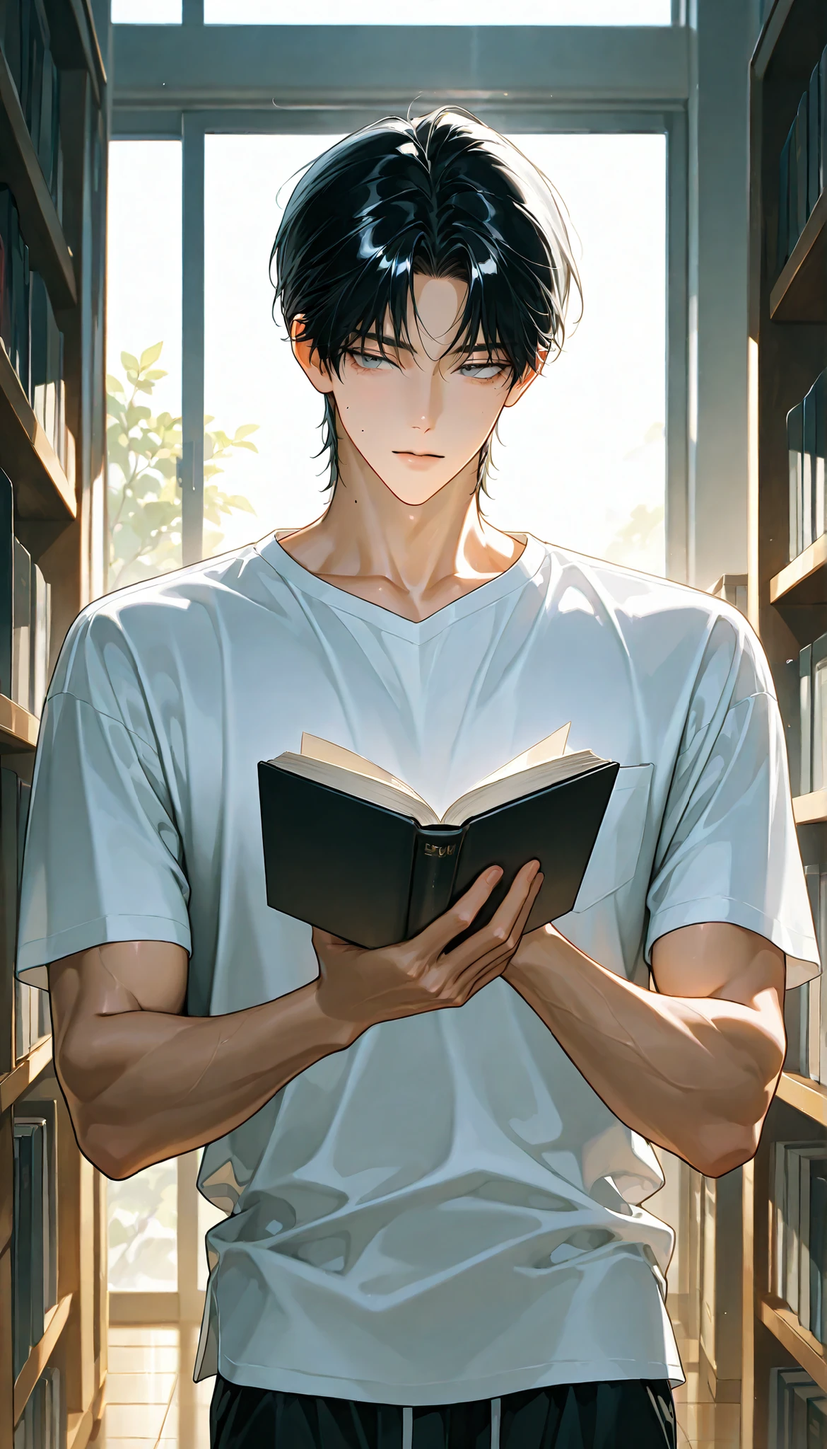 4k , 8k , (only 1male black hair color with grey eyes color) , ((no hair bang)) , short hair style , ((35 years old)) , adult , book room environments , good focus , ตรงตามกายวิภาคมนุษย์ ,ร่างกายสมส่วน , anime eyes , good figured muscle , Focus from the head to the body , with white collar shirt , male solo image , hot man style , have mole on face , cool person , reading a book , tan skin, standing
