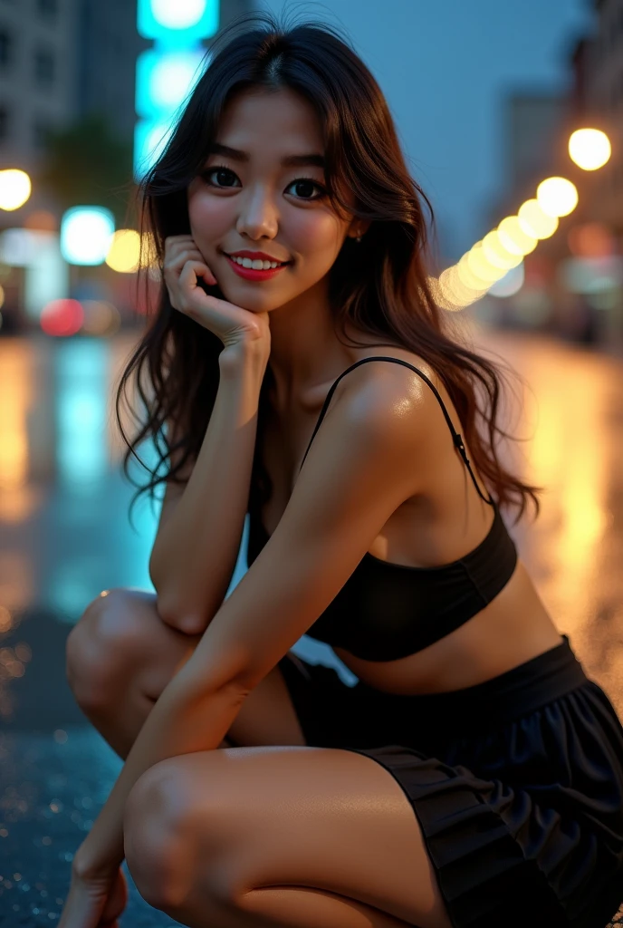 Photo, Actual Footage, ((Top Quality, 8K, Masterpiece, :1.3)), 1 Person, Smiling, Full Body Esbian, Slim Face, Cute Japanese Woman, (Dark Brown Hair), Bondage:1.1, Highly Detailed Face, Detailed Eyes, Double Eyelids, Blurred Background, Night Scene, Exterior, Street, Sitting, Full Body, Full Body, Big Tits, (Big Tits), (Full Body Show), (Summer Clothes)