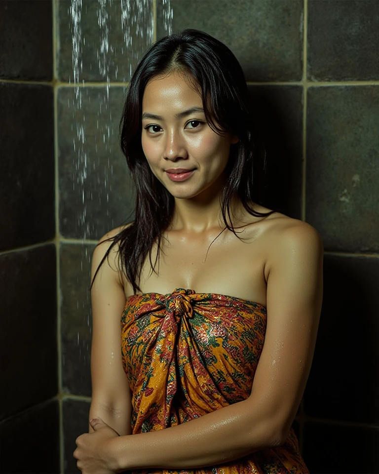 Asian girl, tanned skin, Thai slave outfit, bondage, doing housework, wooden house, mopping the floor.
