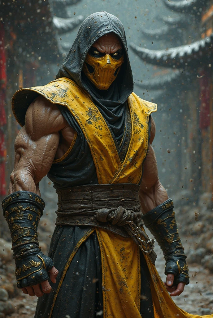 Scorpion character from mortal kombat in black and white.