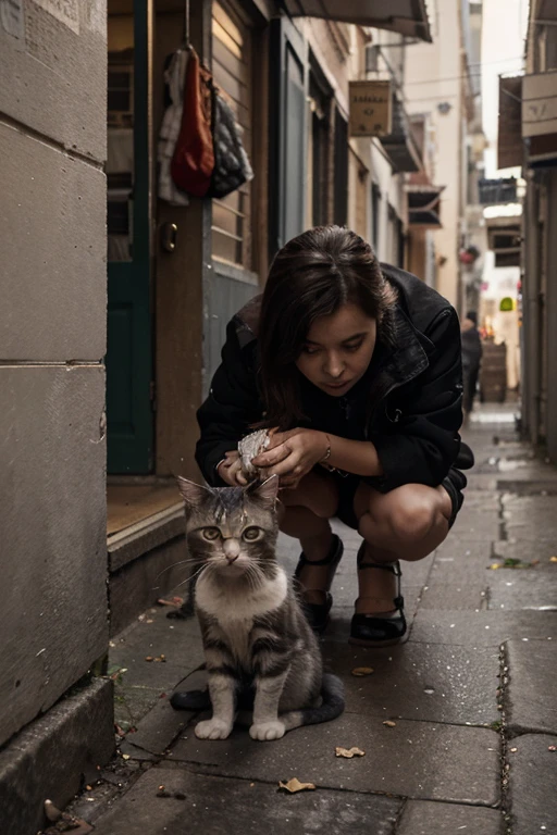 dans la basse ville, narrow streets, Pavers, littered with trash, des chats noirs, une femme, 23 ans, brune, cheveux longs, visage triste, yeux marrons, peau blanche, marche, regarde, sent,  chef-d&#39;photorealistic work, realism, photorealistic realism, photorealistic digital art trends in Artstation 8k HD detailed realistic, detailed, super detailed, realistic, armature, best quality, super High resolution, (realism: 1.4),, High resolution, detailed, Photo brute, Pointu, par Lee Jeffries Nikon D850, film stock, photographie 4 Kodak Portra 400, appareil photo F1.6 lentilles, Couleurs riches, realistic textures, ultra-realistic, UnrealEngine, ArtStation CineStill 800, tendance, Photo brute 8K, best quality