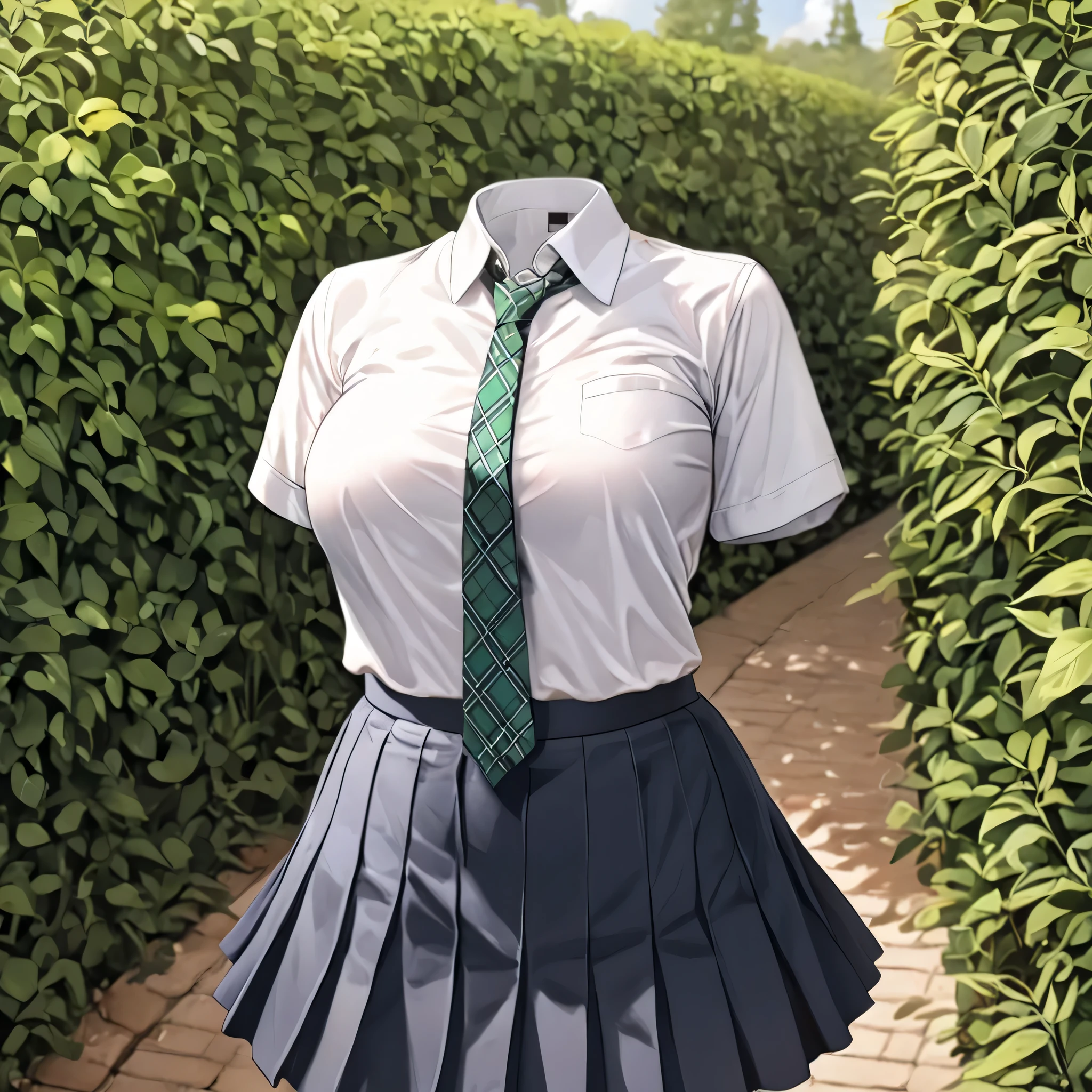 (invisible:1.5, no humans:1.5, headless:1.5, faceless:1.5), (School uniform, check tie, in garden:1.2), plaid skirt, (big breast), (best quality, masterpiece:1.2), detailed cloth texture, detailed anime, illust, leaning forward
