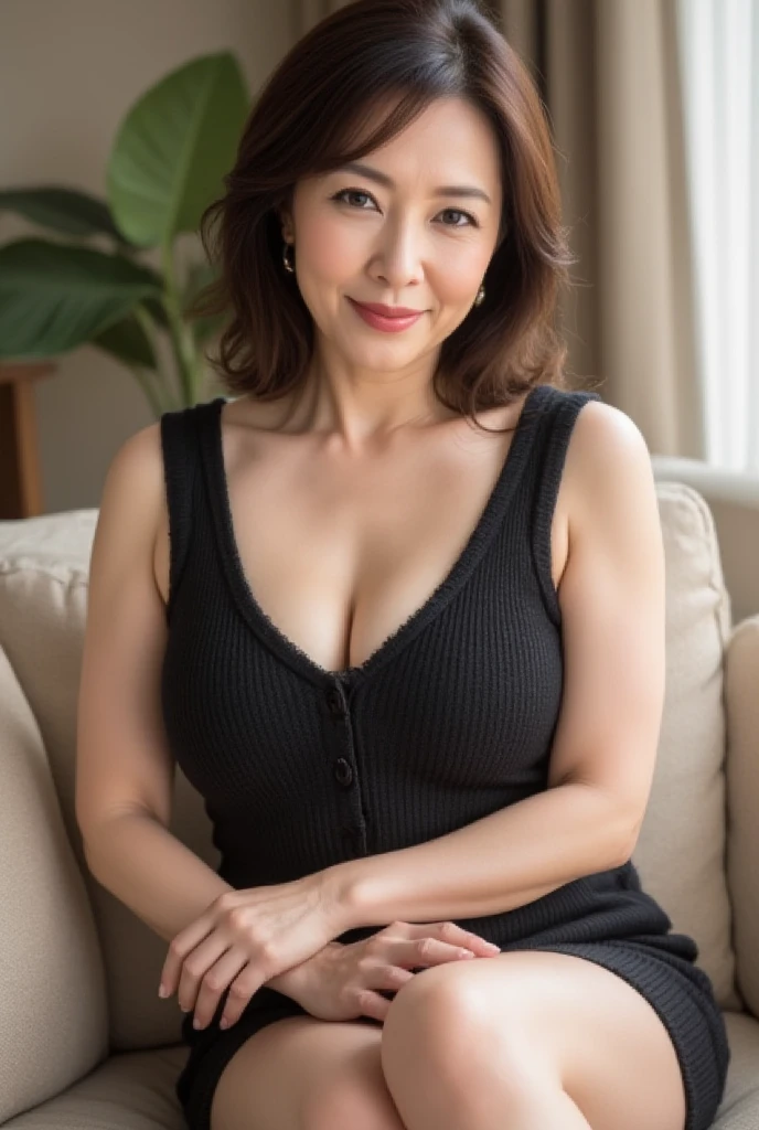 Solo.Selfie of a japanese woman. Woman sitting on sofa in living room.Hands are placed on the thighs.sexy black pantyhose .((Best Quality:1.0)), Camera angle looking up from her knee height.(Photorealistic:1.3),(Raw photo),Sharp Focus,finely detailed,High Quality, High Definition,japanese, 1 Middle Aged Woman,detailed face,(muscular:1.0), (around 44 years old),black hair..Japanese mature, good shape big breasts,High resolution, High level image quality, high detail, masterpiece, anatomically correct. .White V-neck long-sleeved knit with fabric so thin that the lace bra shows through. skirt.middle hair.perfect fingers.Bewitching expression on her face.maternal glance.looking at viewer.bewitching smile.Frustrated and seductive expressions.