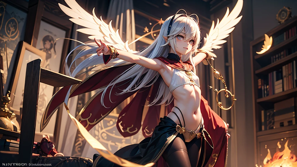 20 year old young woman( Long white hair ),(bright red eyes)<=(eyes HD lighting) (has red lips), beautiful eyebrows (badass expression) both hands have red bracelets on the arms (wears clothes made of transparent white cloth) (sexy white underwear model Garter Belt ) (has 6 large wings with a beautiful bright green color) (He wears gold bracelets on both feet) (sky setting at sunset) (there is an effect of bright red particles flying in the background, (flying) (pose during serious fighting) <=(lunging forward)giving an elegant and epic impression.dark atmosphere with bright particle light(many effects in background)