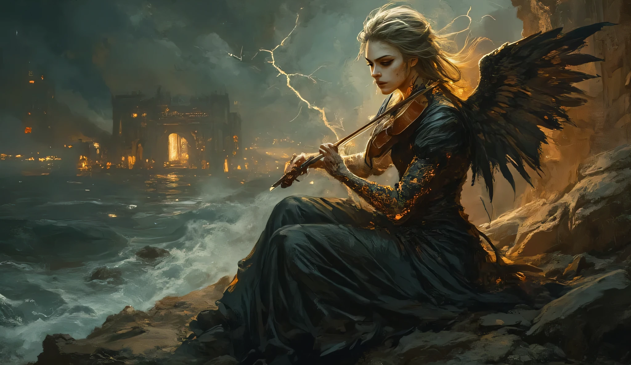 A fallen angel with scorched black wings, glowing ember feathers, sitting on a high cliff above a stormy ocean, playing a glowing electric violin. Her eyes shine with sorrow and power, ghostly spirits swirl around her, forming haunting shapes in the mist. Flames and neon-lit circuits crawl up her arms like living tattoos. The sky is torn between fire and lightning, while the ocean crashes below. The scene mixes dark fantasy and cyberpunk, with glowing ruins in the distance, thunderclouds, and rain mixed with sparks. Ultra detailed, cinematic, 8K, moody lighting, dramatic contrast --ar 16:9 --v 6 --style raw


