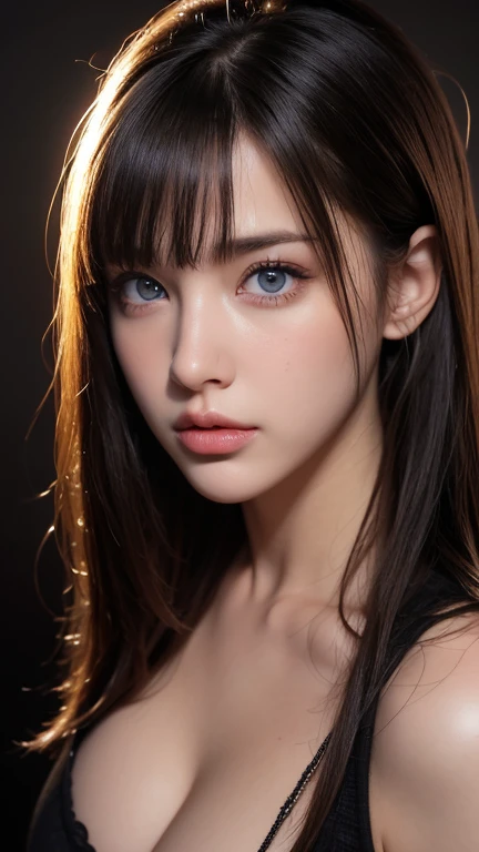 ultra high res, masterpiece, best quality, perfect glossy shiny skins, perfect lighting, detailed lighting, dramatic shadows, ray tracing, black sweater, looking at viewer, off shoulder, blue Eyes, sharp face, sharp eyes, Cyberpunk, long bangs, open mouse, ((Dark background))