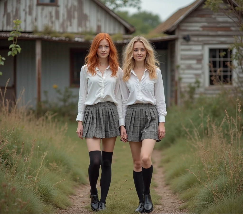 two irish girls one has fair skin green eyes long red hair small freckles on face arms and legs her name is mary. mary has on a white short sleeve button down top, and a green school uniform skirt she has bare feet the othere girls name Emma she has long blond hair blue eyes she has on green plaid skirt and a white button down top and bare feet they are lying on a plade blanket in a pasture of glover there is a stone wall in the back grownd, sparkling eyes, naughty face, red lips, red hair, mole under eye, mole under eye, UHD, UHD, masterpiece, high details, highres, HD, HD, HD, 4K, highres