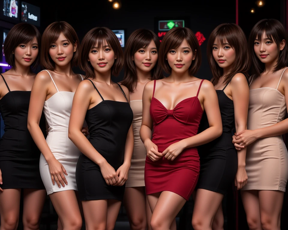Four female clerks sitting in a cabaret club with bottles of alcohol in the back, beautiful alluring female,((Sexy Dresses)),Erika Sawajiri and Haruka Ayase,Asian Women, Facing straight ahead, Japanese, Ayumi Hamasaki and Noriko Sakai, looking partly to the left, with black, candid shot, exclusive, hostess woman, Beautiful women, ((Huge Saggy breasts)), Hitomi Tanaka