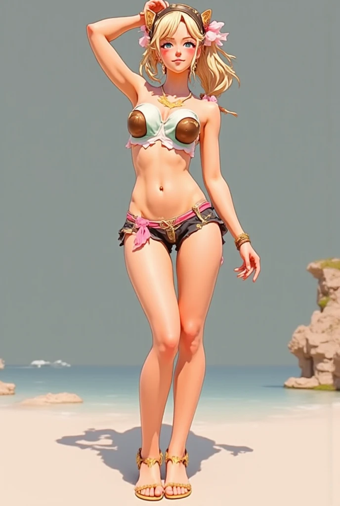 1 girl, ??? from chrono cross, standing on white sandy beach, arms behind head, loose leather boots, ankle wraps, detailed face, detailed eyes, detailed lips, highly detailed, 8k, hyperrealistic, cinematic lighting, vivid colors, dramatic shadows, volumetric fog, masterpiece, award winning art, wide angle, (full length portrait), strong_negative, micrsk3rt, bikini underboob, navel, no bra