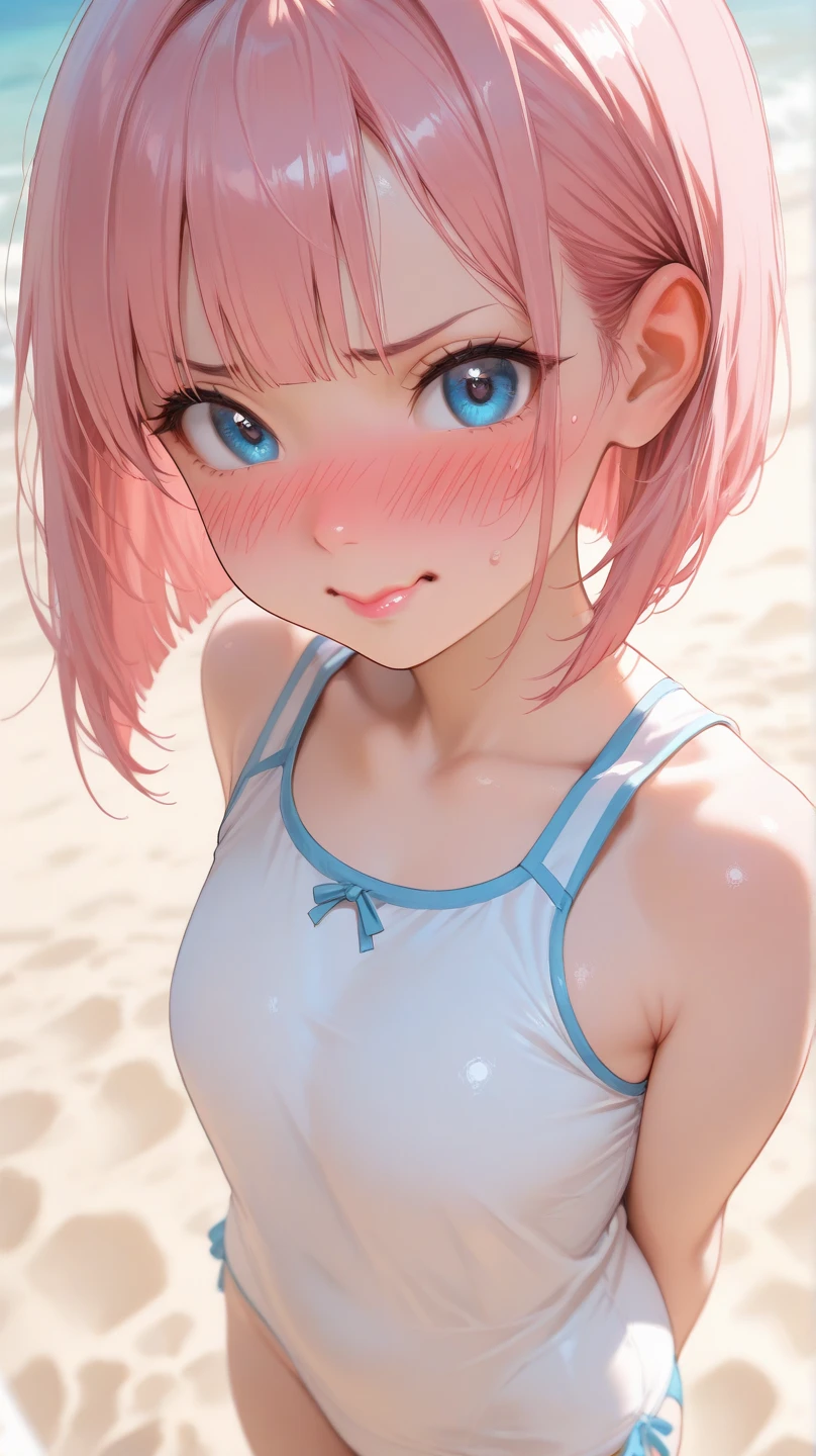 baby face, (pink short wavy hair:1.5,messy hair:1.5), (photorealistic:1.8), (masterpiece, sidelights, exquisite beautiful eyes: 1.5), masterpiece*portrait, realistic, 3D face,(cute face),front view: 1.6、 (glowing blue eyes:1.2),plump face:1.5,(tareme:1.5)、(seductive smile:1.2),Rosy Mouth,Slim Body,abs, shiny hair, shiny skin: 1.5、medium breasts,cleavage、solo,(stand)、(white bikini)、(charactor focus:1.5、portlate:1.5、upper body),beach,