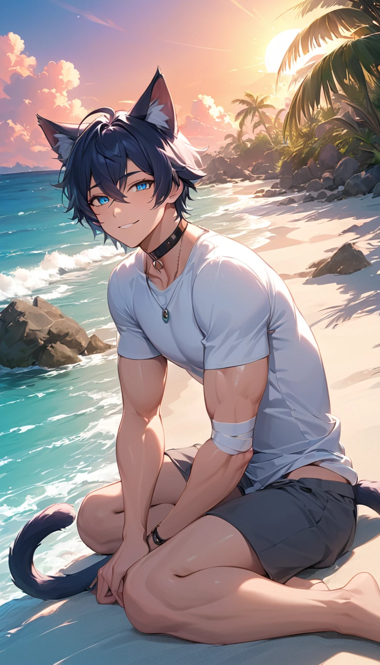(bright environment: 0.8), masterpiece, high quality, abdominal musclestract Res, number\(artwork\), by dagashi, Yes, Kiyoyama, (Hana charcoalo, fluffy fur, Character focus: 1.1), Hana charcoalo Male Cat, short hair, portrait , Bright Eyes, panoramic, Character focus. (background: 0.7), alone, hairy, hairy Male, male focus, Hana charcoal, (Full body fur, hairy白色尾巴, white black fur, blue eyes, black hair, abdominal muscles, 12 years: 1.2), (small cat, blue shorts, Black T-shirt: 1.2), (External, beach: 1.1)