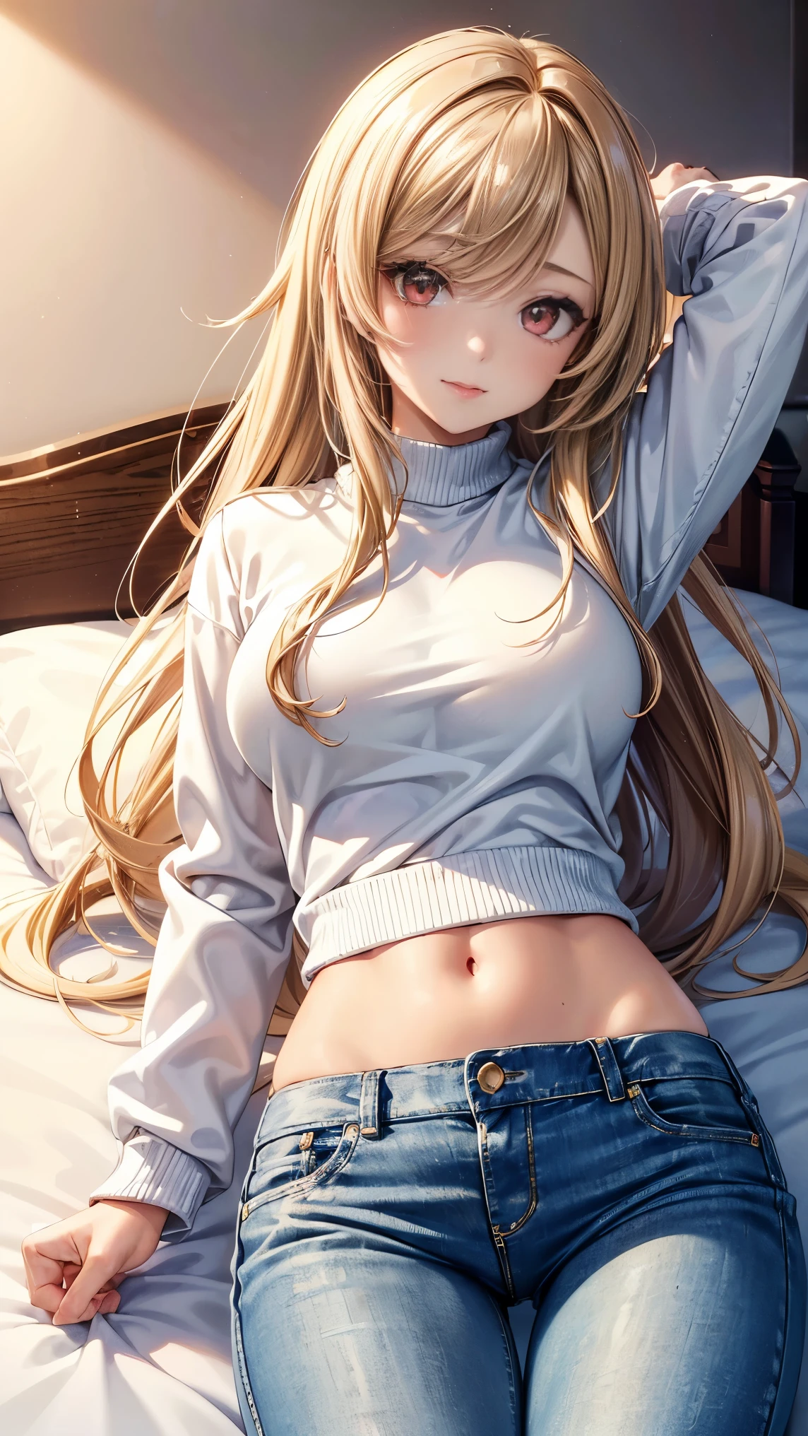 (top quality、masterpiece、very high resolution、Ultra high quality、High quality pixels)、perfect eyes, perfect face, alone,8k, F cup breasts,(Detailed description of hair), (Detailed description of face),(detailed description of body), Fair and translucent skin, gorgeous, long legs, facing the audience, Professional photography lighting,Detailed pink eyeball, light pink hair, bang, long hair, Girlfriend style,gentle expression, (round animal ears: 1.2), Cowboy shot, (white oversized boyfriend shirt: 1.2), model posture, sitting, underwear, pantless, girlfriend ssmile