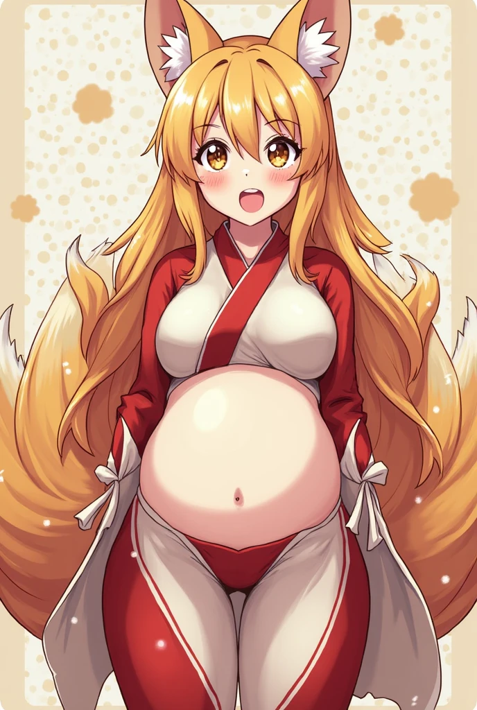((best quality, 4k, best preaference)) furry, female, by Lemoco, text, Kurama, (Naruto), sexy body, big breasts, cute face, kimono, thong, shy, pregnant, spread legs, thong in view