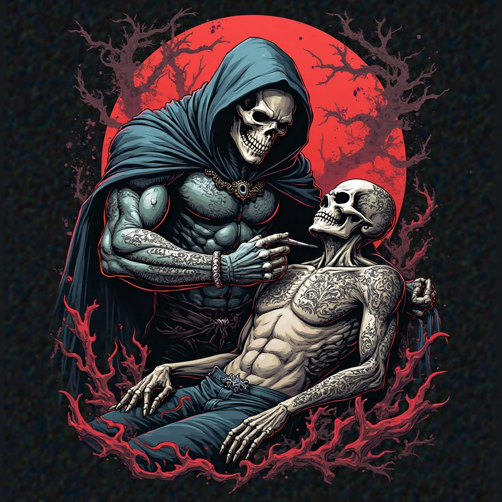((best quality)), ((masterpiece)), (detailed), (realistic), cinematic, dynamic lighting, (detailed background), depth of field, intricate, 8k, detailed skin, detailed face, subsurface scattering, realistic eyes, photo of a handsome man, (necr0mancer:1.2), wearing intricate robes, man gently caressing a (skeleton), bones, skull, ribs, (1other), 1boy, flower, dynamic pose, graveyard, outdoors, night, moon,