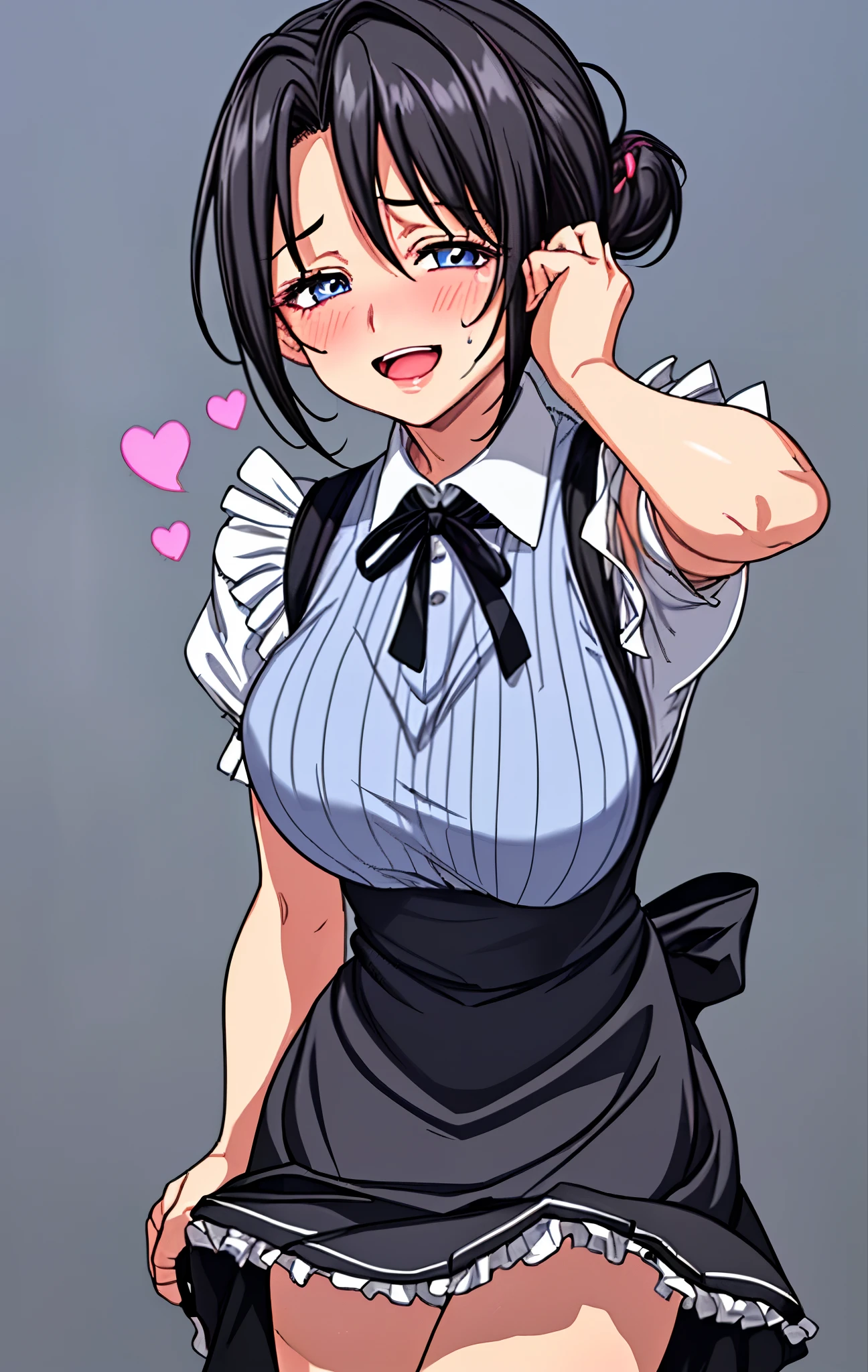 40age、mature woman、black hair、Hair tied up、Blue Eyes、My face is sweaty 、Embarrassing Smile、open your mouth、maid wearing a heart sign、Short skirt、Flip Your Skirt、panties、cowboy shot、Image viewed from the bottom of the front、、Cafe Background、 Hearts are flying a lot 、