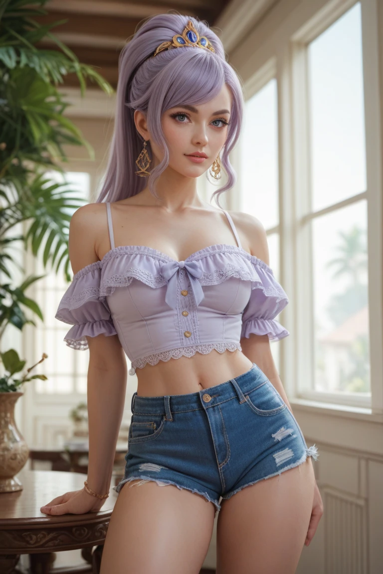 master part, disparate, best quality, Saori Kido, 1girl, 25 anos, sozinho, lace bra hopefully black, denim shorts, Gargantilha, arms behind back, contra a parede, Olhando para o Viewer, pulseira, thigh strap , head tilt, entediado, cabelo roxo muito longo, expressivos olhos azuis, seios pesados, auricular,