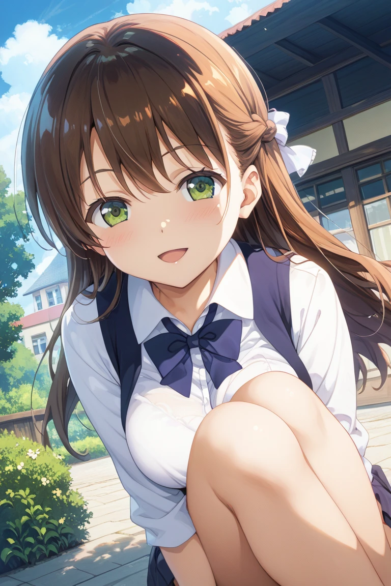 Sayuogiwara, Sayu Ogihara, brown hair, (brown eyes:1.5), medium hair,{{{Girl straddling a bike saddle cushion}}}, sayuogiwara,school uniform,mini skirt,beautiful breasts,,NSFW,Very embarrassing panic smile, (The wind flipped my skirt and exposed my butt.........................、touch your butt with both hands、pink floral lace panties)、