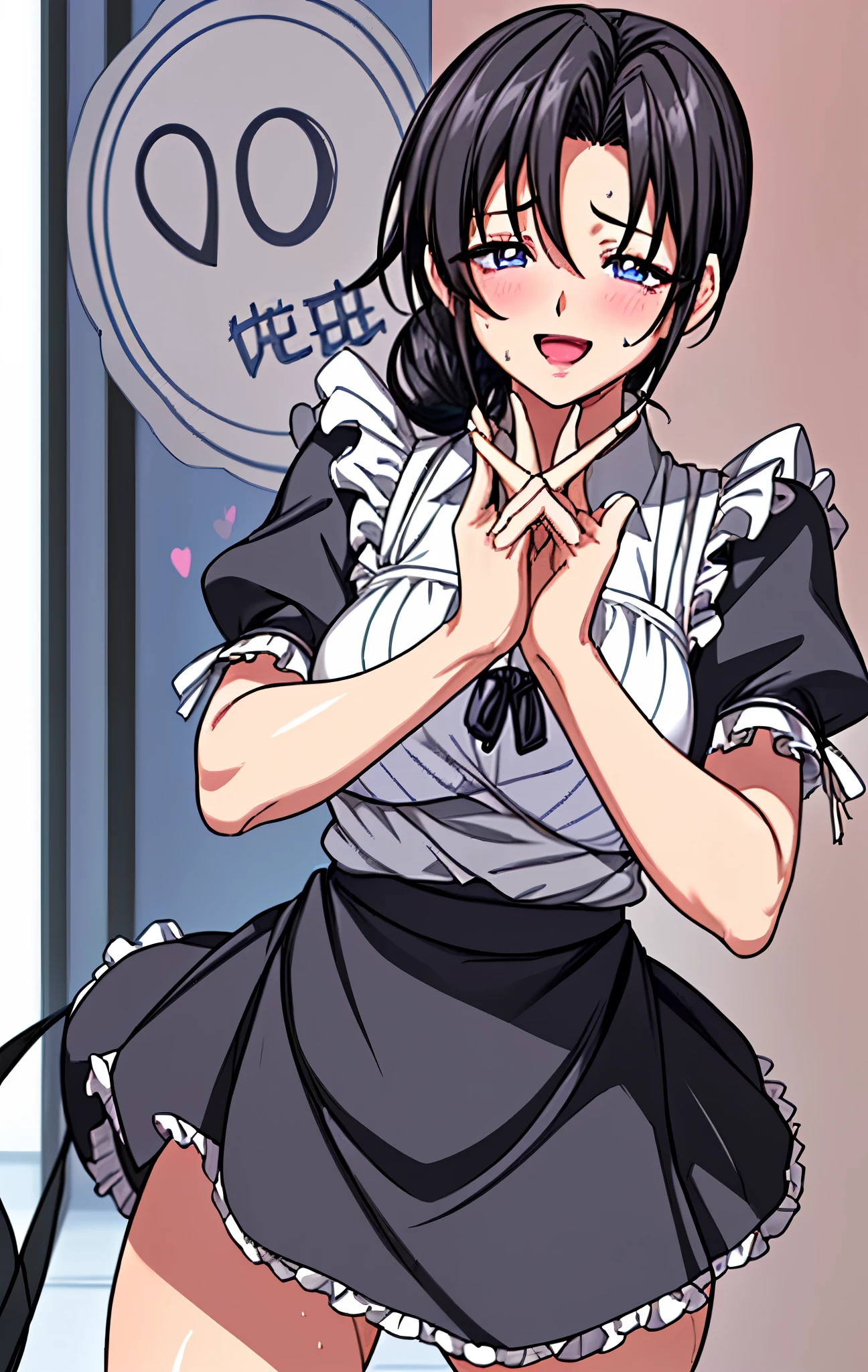 40age、mature woman、black hair、Hair tied up、Blue Eyes、My face is sweaty 、Embarrassing Smile、open your mouth、maid wearing a heart sign、Short skirt、Flip Your Skirt、panties、cowboy shot、Image viewed from the bottom of the front、、Cafe Background、 Hearts are flying a lot 、
