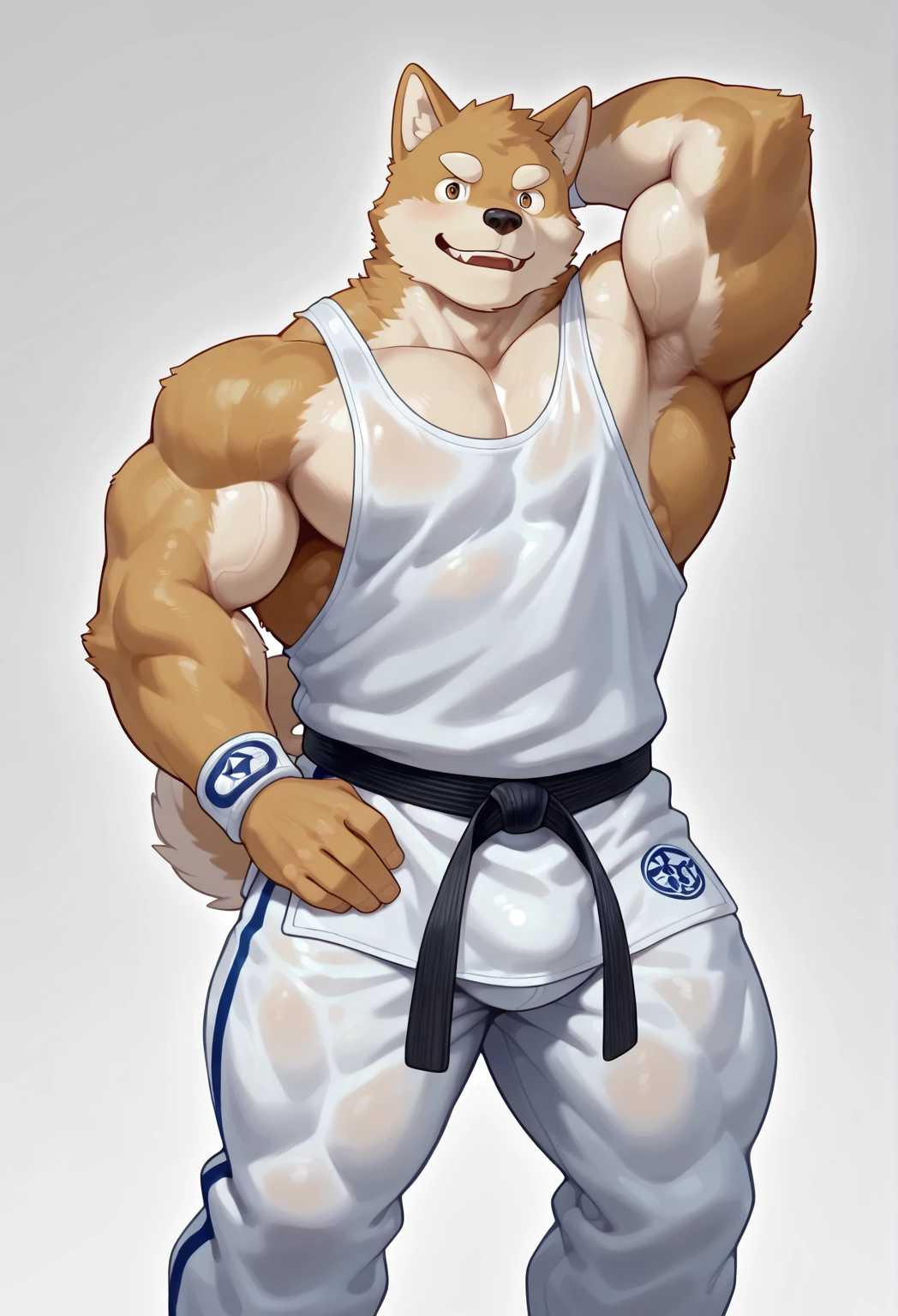 Ultra-clear，Shiba Inu furry wearing transparent clothes，Stand in the gym，Full-body photo of standing，muscle strong，translucent white bumps，Confident laughter，soft light，stand and look straight, You can see your whole body，Nike socks，strong muscle，Dirty socks thrown on the floor，Hot gas