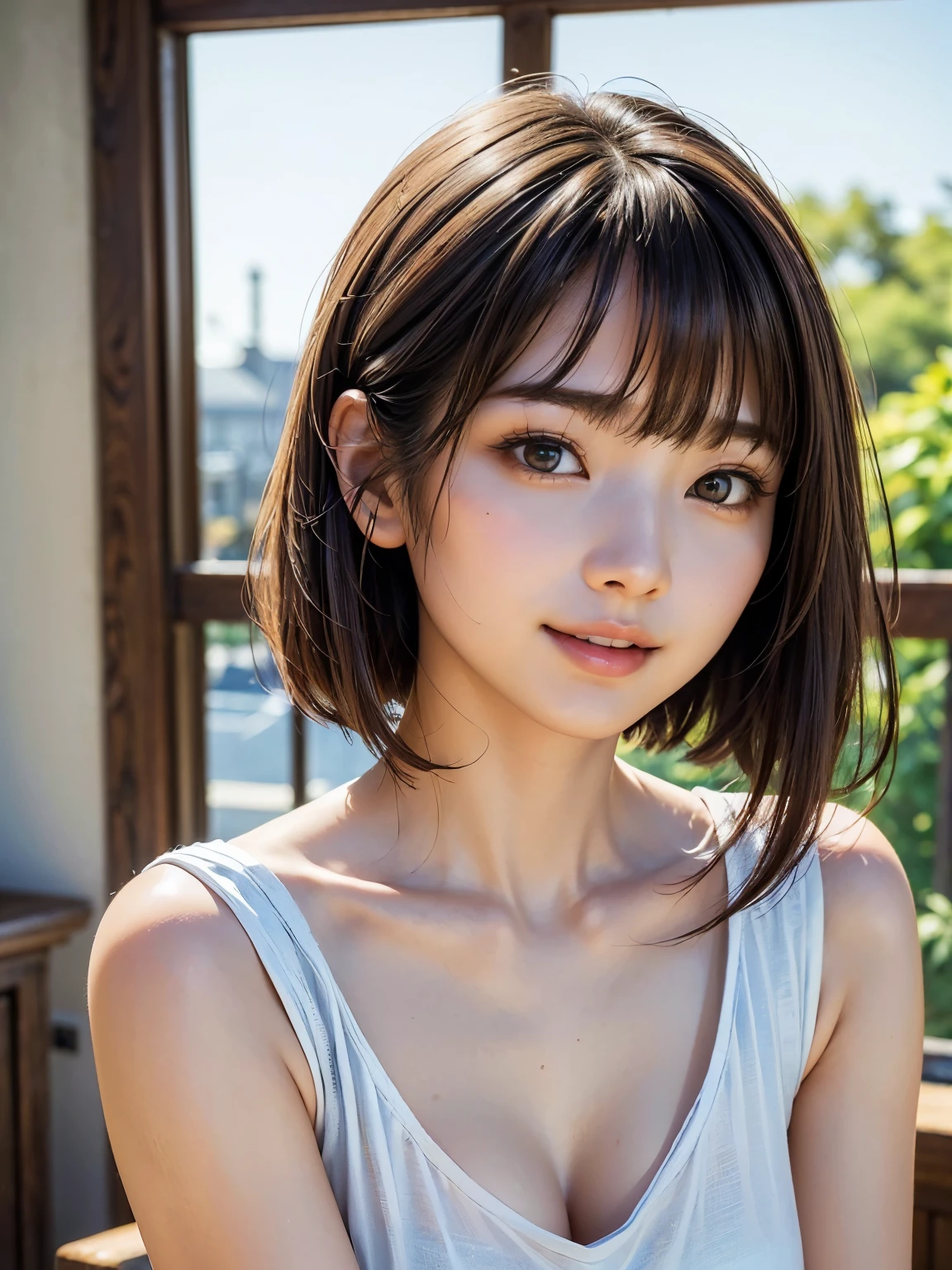 (8k), (best quality), (masterpiece:1.3), (realistic), (photorealistic:1.36), ultra-detailed, cinema lights,white bikini,smile,
1girl, solo, (((dark short cut hair with bangs))), (finely detailed beautiful amber eyes: 1.2),  lustrous skin, show Clavicle, perfect skin, (adult face:1.2), (medium_breasts:1.3),