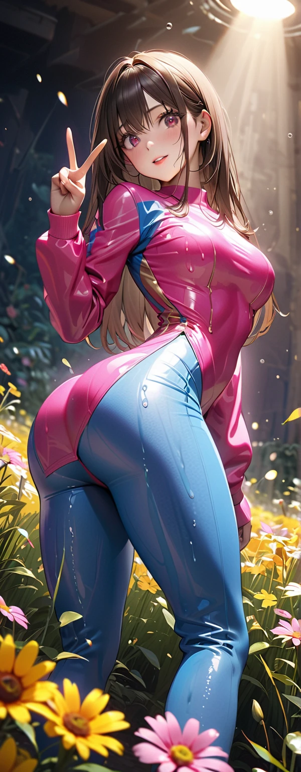 80s aerobics style、High leg leotard、Colored tights、loose socks、sneakers、Detailed picture、girl、25-year-old woman、Dynamic and lively pose、Crotch line、Erect nipples