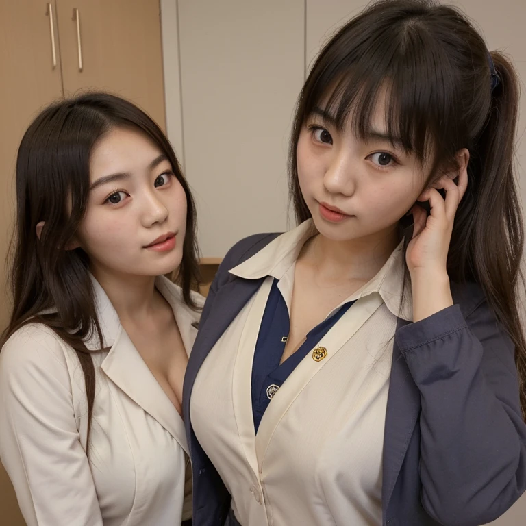 (Two natural strawberry blonde and redhead girls with pretty faces), (cute peace pose), wearing a white button shirt,  body, skinny, Atmospheric, Dark atmosphere, Edge lighting, Mao Akiyama、Sayaka Yamamoto、Jurina Matsui、Saito Asuka、Mao Akiyamaの顔の特徴8K, Full body portrait, elegant, Natural light, Spooky greenhouse at night, Sharp focus, (Highly detailed eyes and face, Professional photography techniques), (Beautiful small face, Beautiful Eyes, high nose, beautiful girl, high school student, Idol Face, Baby Face:1.4), smile, Happy, K UHD, Hmph, Beautiful and soft skin, Vibrant Skin, blush, (Chirarizum:1.3, Unbutton a white shirt:1.2), (Beautiful breasts, Cleavage), (Small beautiful butt), (Detailed hands:1.2, Beautiful nails, The optimal ratio is four fingers to one thumb), Perfect proportions, (Perfect Anatomy:1.3), (Highest quality, Masterpiece, Highest quality, Ultra high definition, Photorealism:1.4)