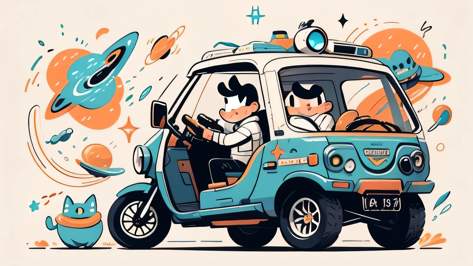 cinematic film still A visually striking chibi-style astronaut is depicted with remarkable detail, wearing a black tinted visor and a crisp white suit with red straps. This adorable hero is captured riding on a 's tricycle with big grippy tires, exploring the surface of the moon. The background showcases a delightful galaxy filled with stars and cosmic wonder. This conceptual art piece blends anime, photography, illustration, and typography to create a whimsical and imaginative portrayal of space exploration.