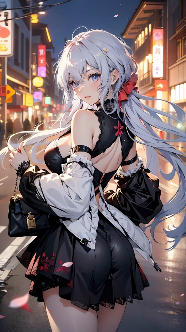 (Finest quality)),(超A high resolution),(ultra-detailliert),(Meticulous portrayal),((Best Anime)),(Finest works of art),sharpnes,Clair,Ultra-Precision Art,The art of astounding depiction, ((seducting smile)),((Seductive fashion)),a choker,Chain Accessories,piercings,Skirt with deep slit, street:1.3