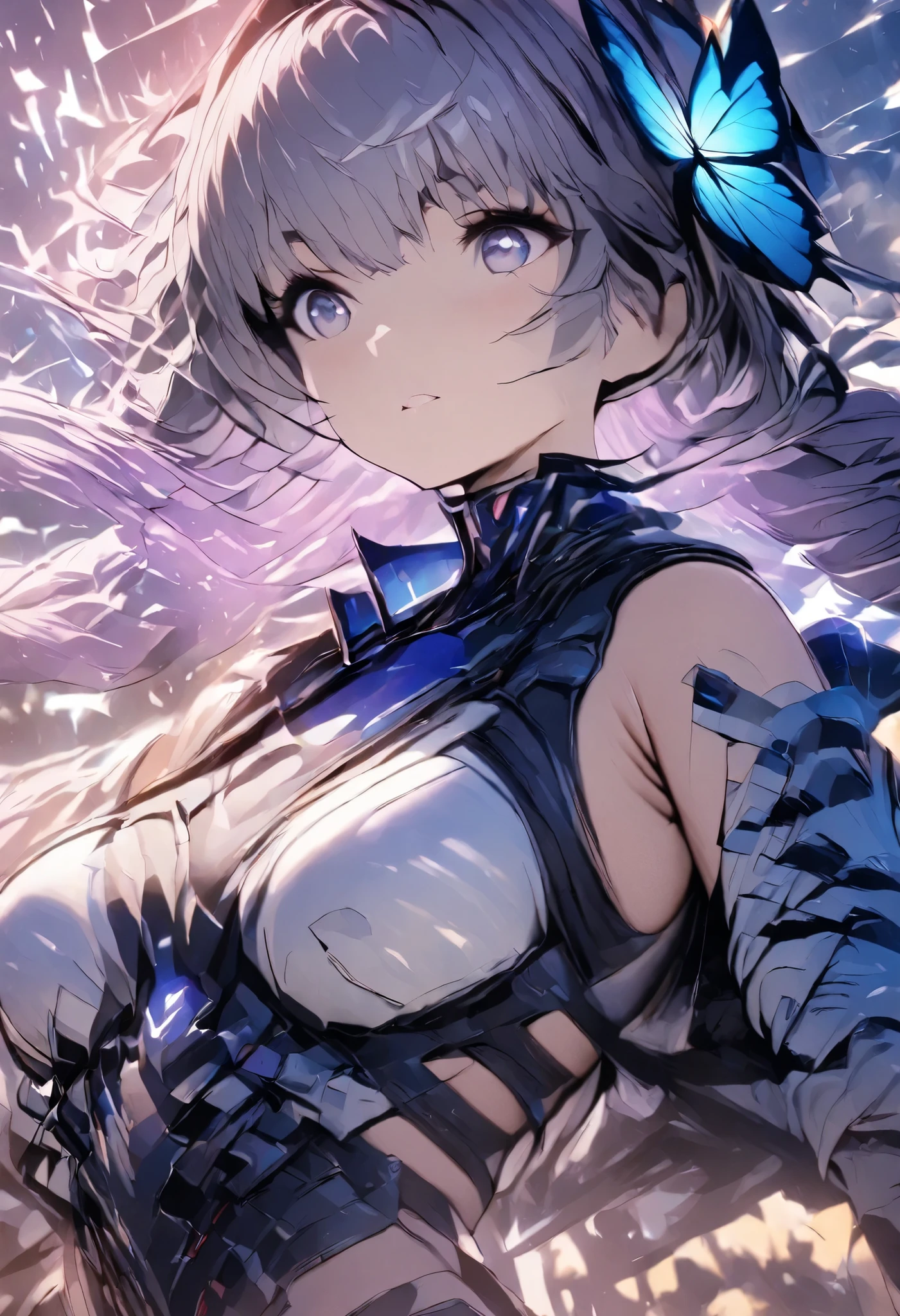 a girl,for the red,blue butterfly,brilliant,torso foreground