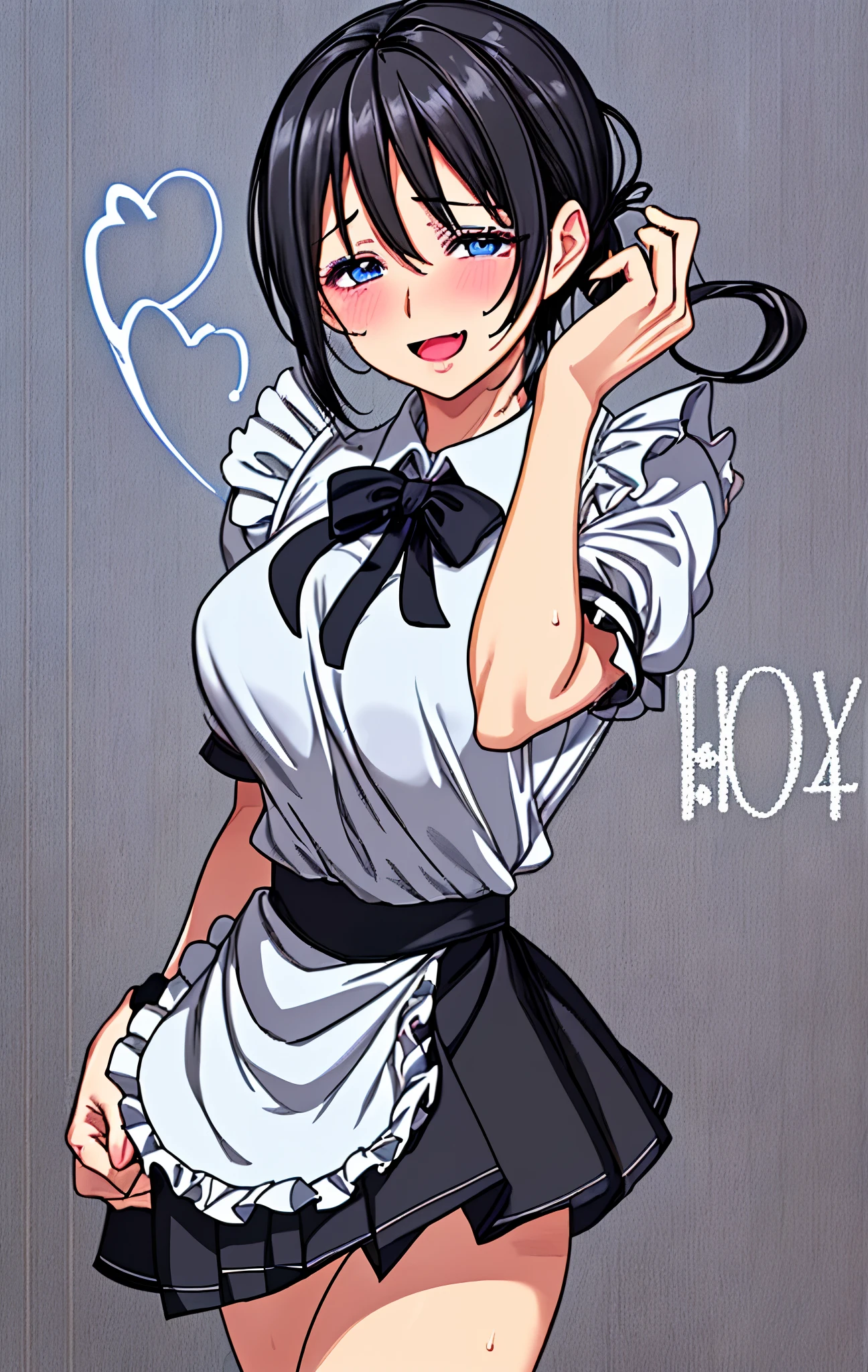 ４０age、mature woman、black hair、Hair tied up、Blue Eyes、My face is sweaty 、Embarrassing Smile、open your mouth、maid wearing a heart sign、Short skirt、Flip Your Skirt、panties、cowboy shot、Image viewed from the bottom of the front、、Cafe Background、 Hearts are flying a lot 、