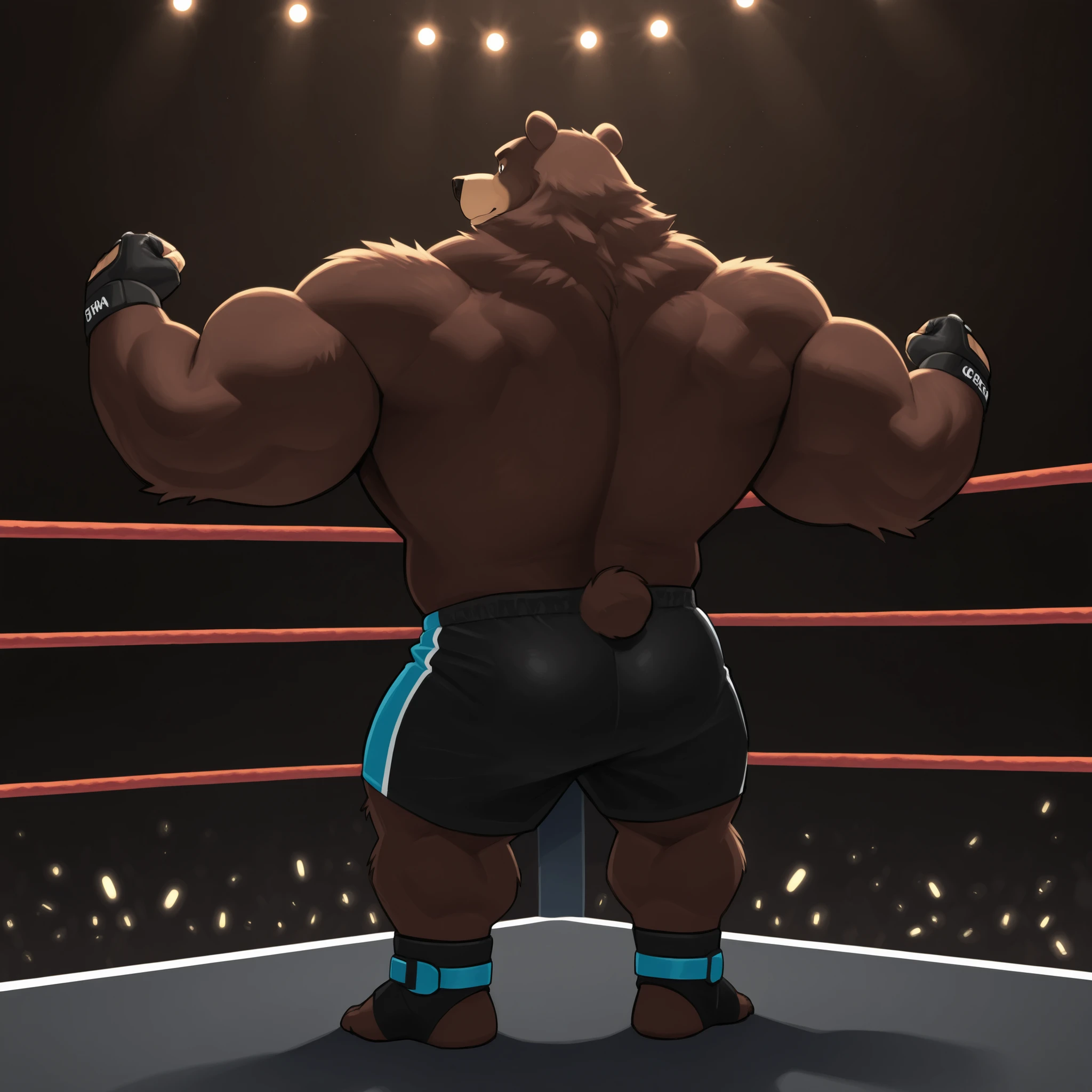 score_9, score_8_up, score_7_up, cartoon_style, ((by BodiPhantom)), 4k, 8k, The best quality, very well drawn, detailed,  high quality, detailed, 4k, high resolution, high quality, high resolution, furry character, ursine, BodiPhantom, Himalayan bear, bear, boy, (sexy), thick arms, huge arms, 350lbs, (dark brown fur)), lights, fighting ring, stances, seething, on the caged ring, wearing black MMA shorts with green slits, MMA fingerless gloves with knuckle pads, ankle support brace, putting up his dukes