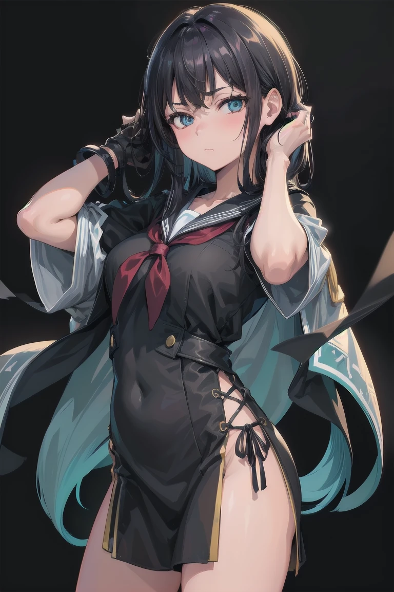 masterpiece、highest quality、1 girl、solo、Una、neckerchief、Serafuku、leotard、Jacket、beret、gloves、pants、open clothes、Tactical clothing、shirt、black hat、指なしgloves、disgust、I furrowed my brow.、I'm looking down、look at viewer、put one&#39;s hand in one&#39;s pocket