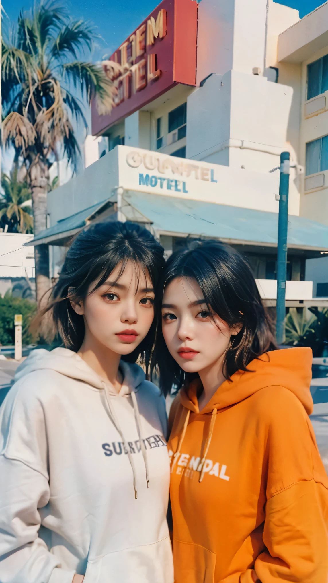 8k, 2 girls, beautiful, messy hair, (orange is too big hoodie), is too big_shirt,   sweatpants  ,, close-up, watch viewers, (((80's architecture colorful motel))) ,Palm Tree, blue sky, Sunny Summer,  Like  (photorealistic:1.2), (super real:1.3), (very well detailed:1.1), ((masterpiece)),