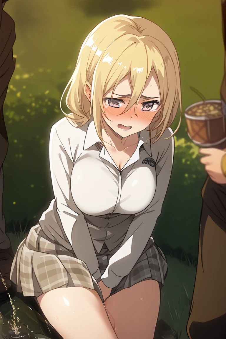 score_9, score_8_up, score_7_up, score_6_up, source anime, score_4, score_5, 1girl, blonde hair, woman, medieval housewife, looking at viewer, blue eyes, white blouse, brown corset, braid, flower necklace, mature female, large breasts, close-up, portrait, looking up, from above, open mouth, drooling, oral invitation, saliva, sweat, tongue, tongue out, naughty face, blush, attack on titan, annie leonhart