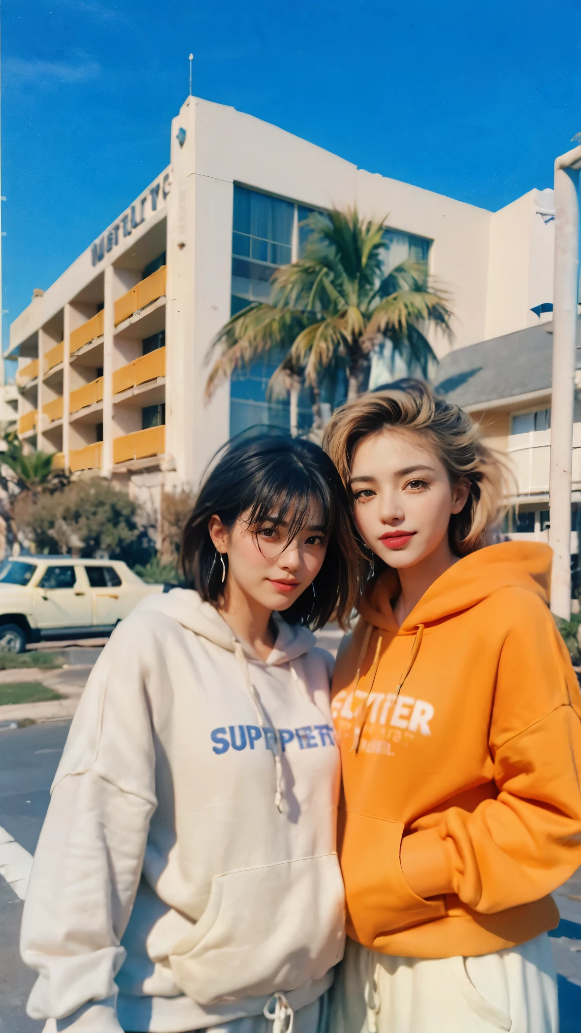 8k, 2 girls, beautiful, messy hair, (orange is too big hoodie), is too big_shirt, sweatpants ,, close-up, watch viewers, (((80's architecture colorful motel))) ,Palm Tree, blue sky, Sunny Summer, Like (photorealistic:1.2), (super real:1.3), (very well detailed:1.1), ((masterpiece)),Two girls frolic happily