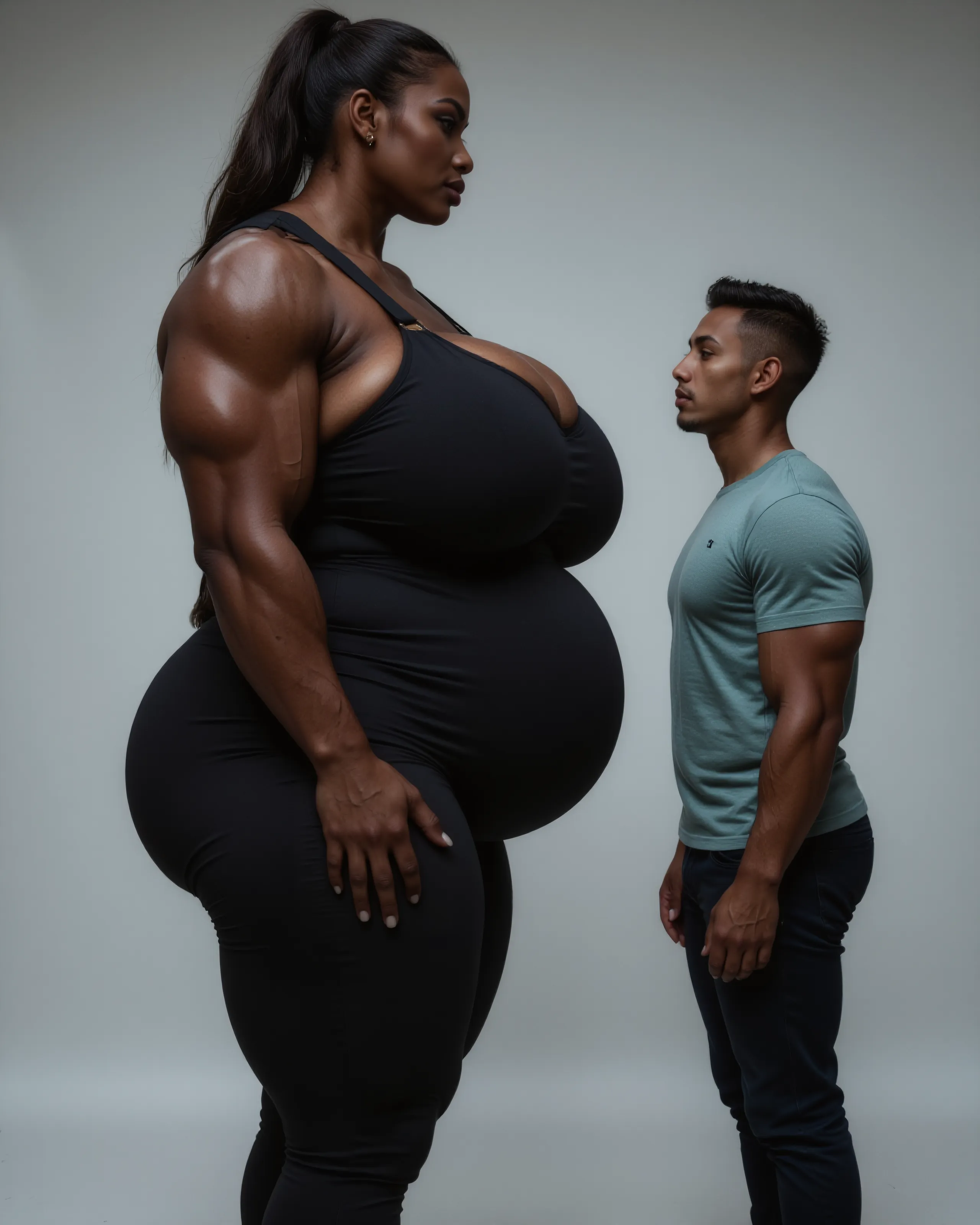 a couple, a teenage white-skinned woman, B cup breasts, big butt, pregnant and black skinned muscular man and gym trainer
