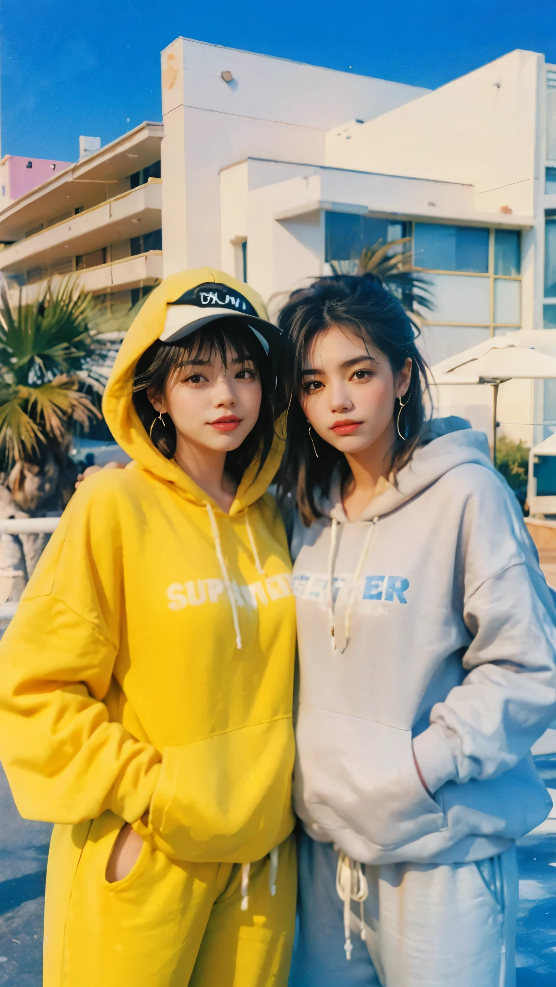 8k, 2 girls, beautiful, messy hair, (orange is too big hoodie), is too big_shirt, sweatpants ,, close-up, watch viewers, (((80's architecture colorful motel))) ,Palm Tree, blue sky, Sunny Summer, Like (photorealistic:1.2), (Super Real:1.3), (very well detailed:1.1), ((masterpiece)),Two girls frolic happily