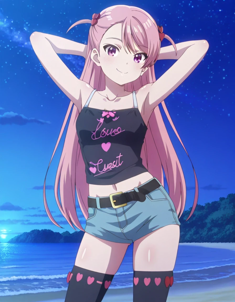 maho-casual,pink eyes,pink hair,long hair, two side up, black camisole,denim shorts,black belt,black thighhighs, anime screencap, shiny skin, high quality, solo, night sky, beach, (contrapposto), closed mouth, (hands behind head), cowboy shot, looking at viewer, smile, best quality