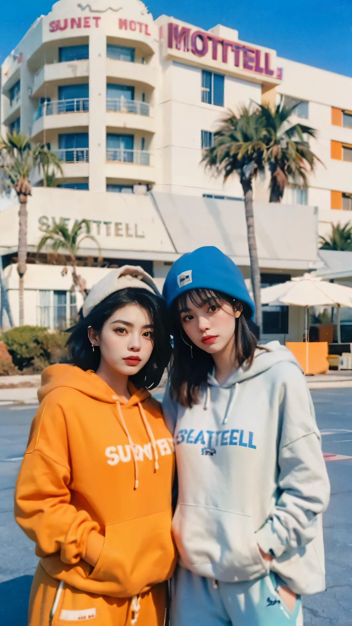 1 girl, beautiful, black bob hair, almond eye, no makeup, wear ((orange hoodie)), ((oversize_hoodie)), peach tennis skirt in front of ((80's mondrian architecture colorful motel)),(from below:1.2), (realistic:1.1), (surreal:1.2), (very detailed:1.1), ((masterpiece)),summer, blue sky, (palm trees),sunny, los angles vibes,